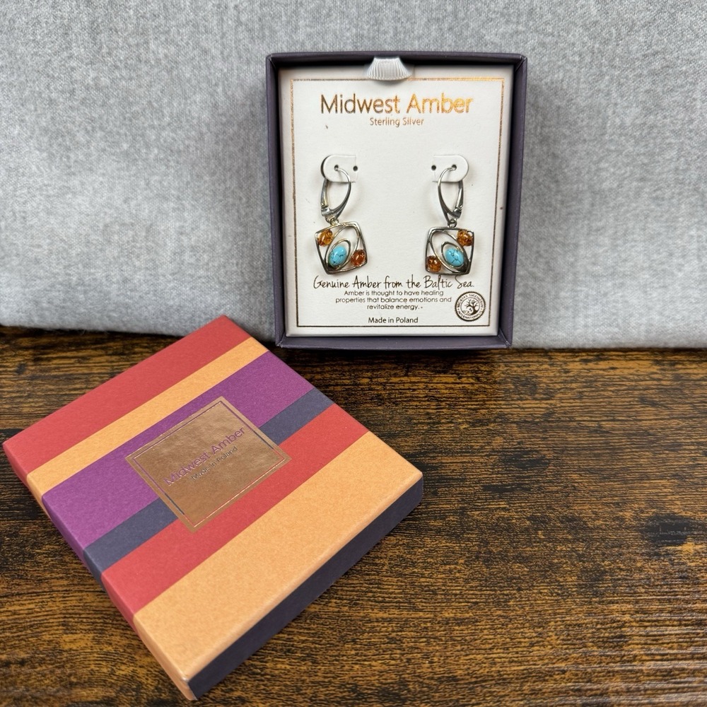 Midwest Amber Turquoise & Genuine Amber Dangling Earrings From The Baltic Sea
